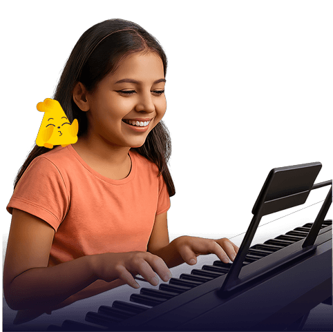 Girl learning piano with IndieAn mascot